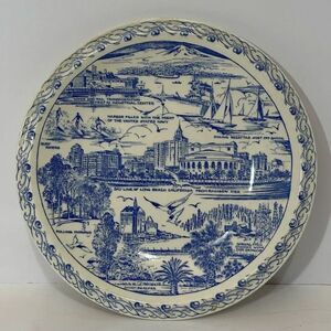Vernon Kilns White and Blue Long Beach, California Plate 10.25”